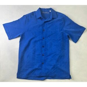 Caribbean Mens Blue Jacquard Tropical Leaf Button Up Camp Shirt Size Medium